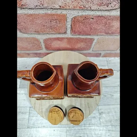 Vintage Brown Glaze Unique Oil And Vinegar Dispensers With Stoppers From Japan - Picture 10 of 10